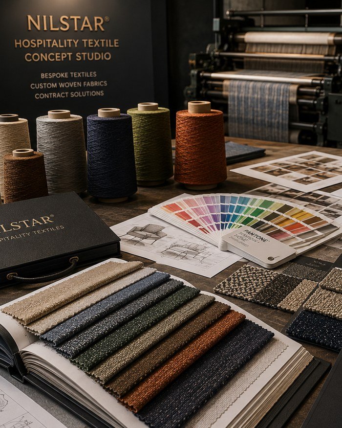 Yarn cones, fabric swatches and mood boards on a table at a bespoke textile manufacturer's studio in the UK