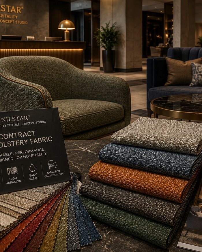 Contract upholstery fabric swatches and jacquard sample folder on a table in a hotel lobby