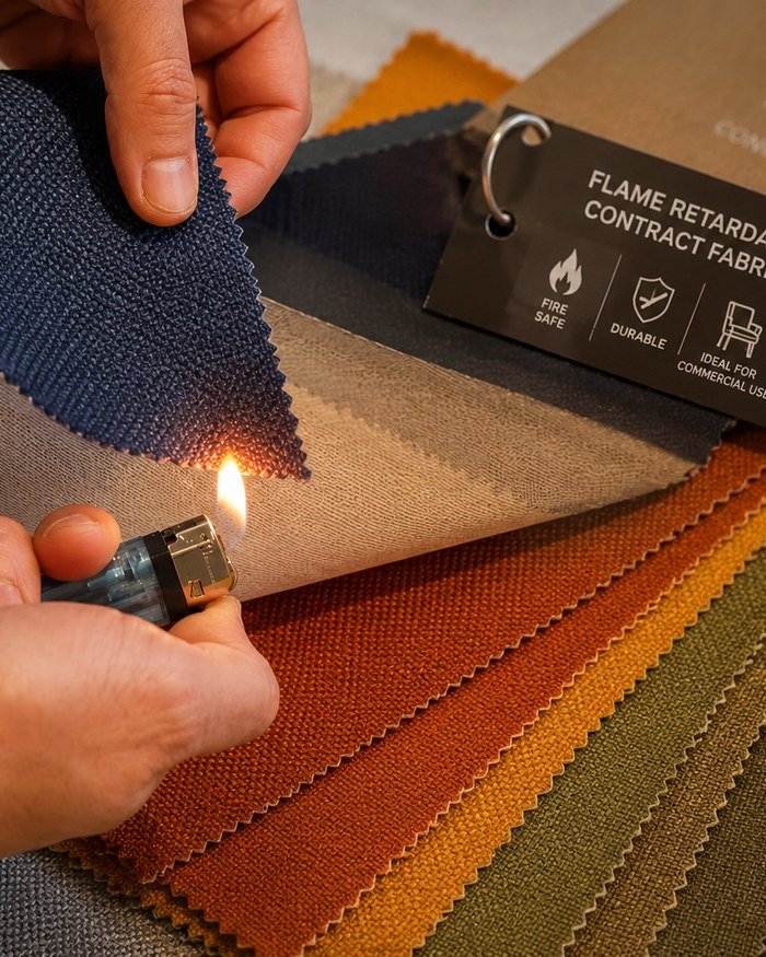 Hand testing a navy flame retardant contract fabric swatch with an open flame beside a swatch book