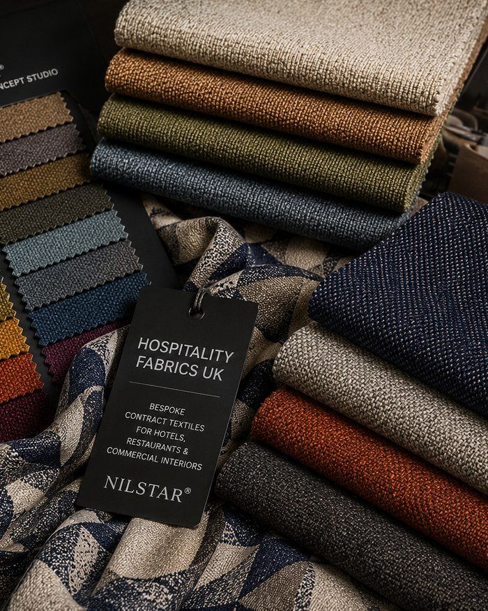 Nilstar® hospitality fabric swatch book with a Hospitality Fabrics UK hangtag