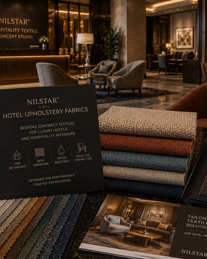 Hotel upholstery fabric swatches and jacquard sample folder on a table beside a hotel bed and armchair