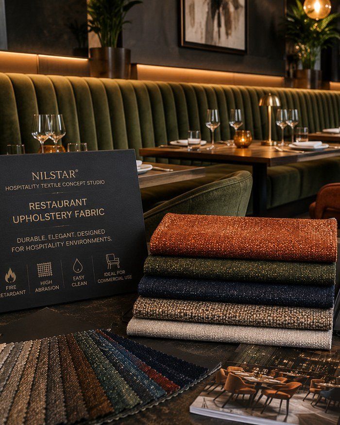 Restaurant upholstery fabric swatches and colour sample folder on a table in a dining room with green banquette seating