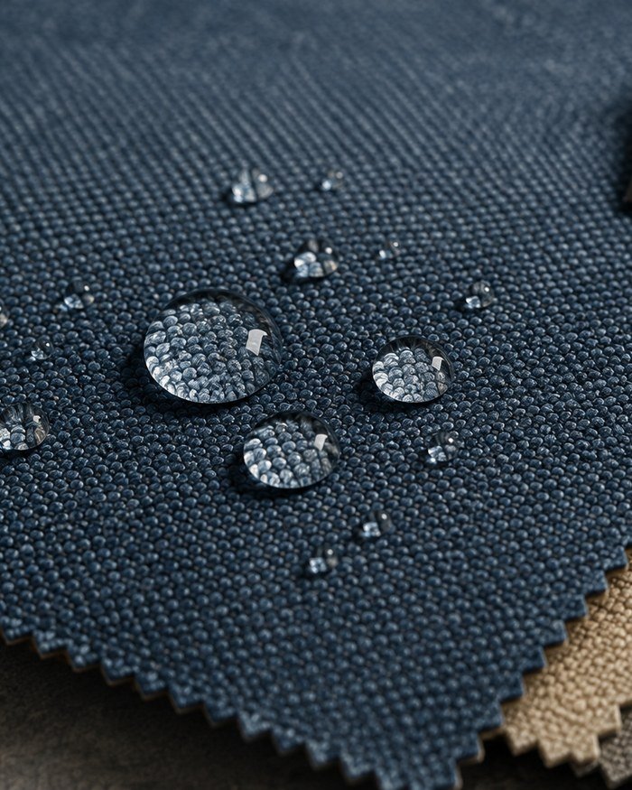 Water droplets beading on a navy water-resistant Crib 5 fabric beside a swatch book tag